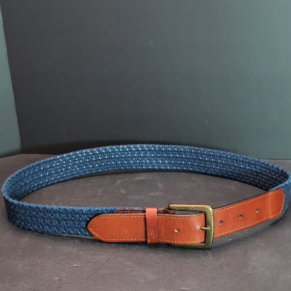 Ted Baker Men's Stretch Blue Woven/Leather Belt,S/M.